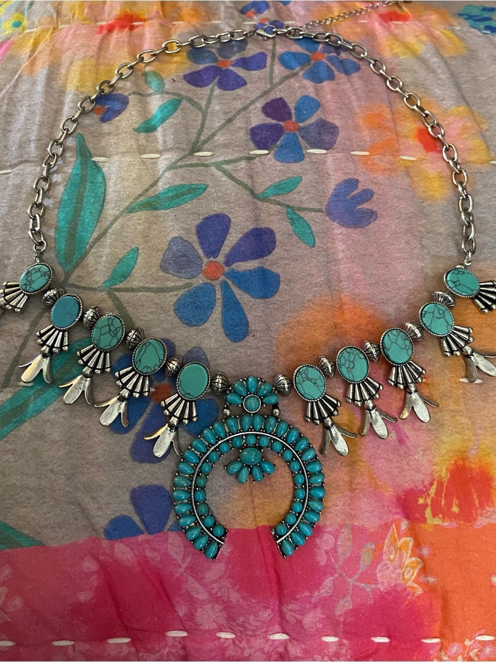 Faux Turquoise Squash Blossom Western Statement Necklace Silver Tone